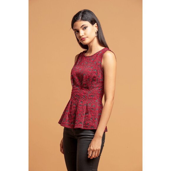 Anthropologie Eva Franco Metallic Sleeveless Peplum Top Tank Burgundy - Picture 2 of 5